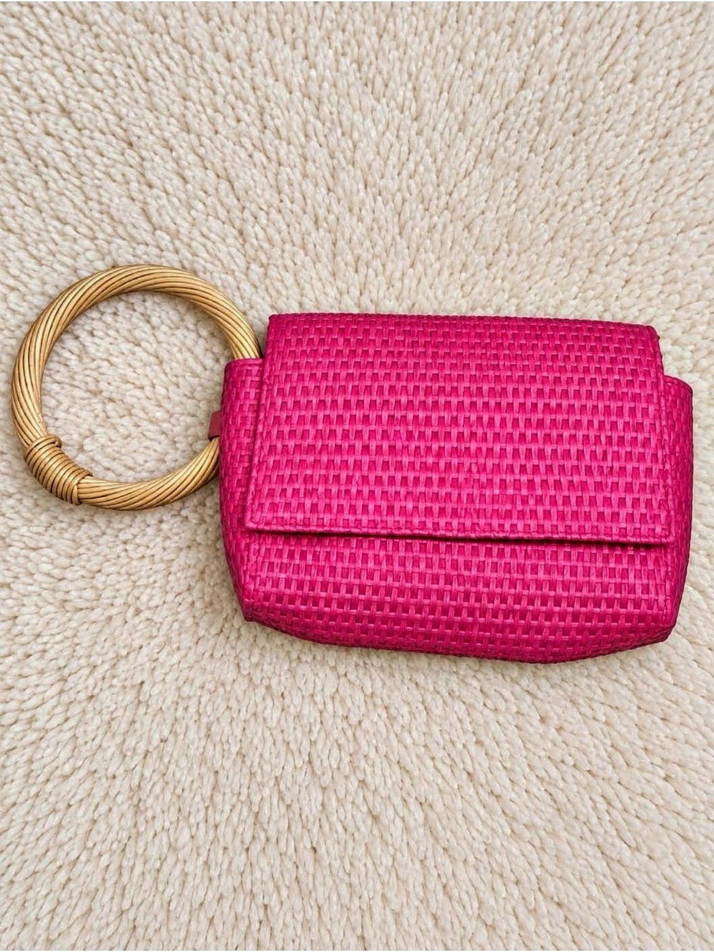 Hot Pink Woven Mini Handbag Bamboo Ring Handle Purse